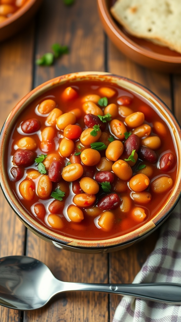 A bowl of 5-bean baked beans with a rich sauce on a wooden table.